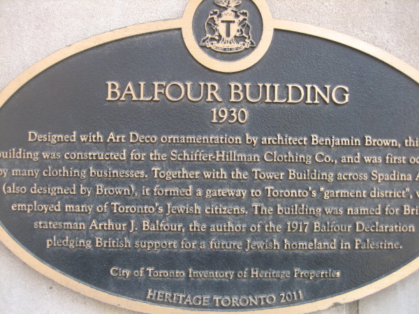 The plaque on the Balfour Building