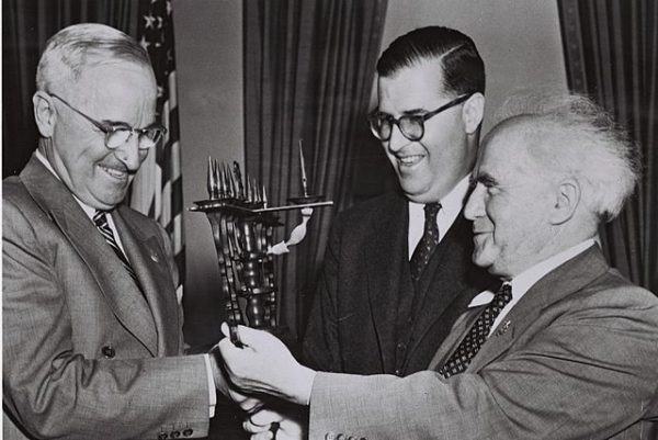 Abba Eban and David Ben-Gurion present a gift to U.S. President Harry Truman