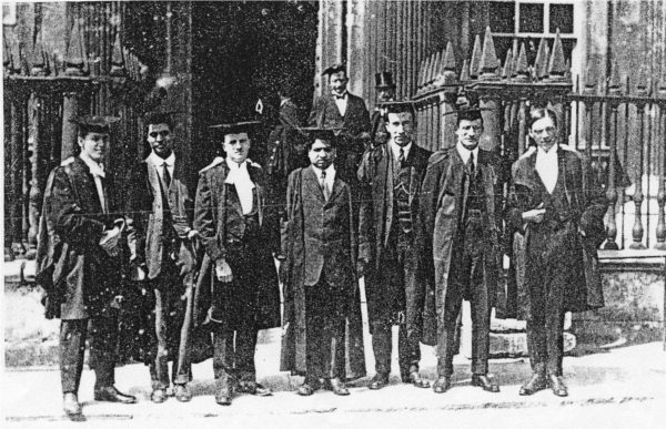 Ramanujan, center, poses for a photograph with his Cambridge University colleagues