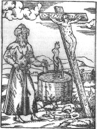 An antisemitic woodcut depicting a Jew poisoning a well