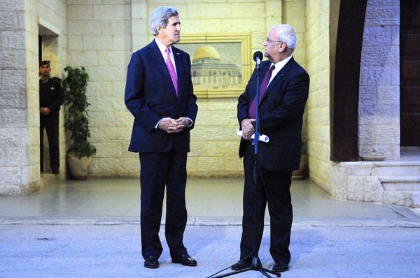 Saeb Erekat chats with John Kerry