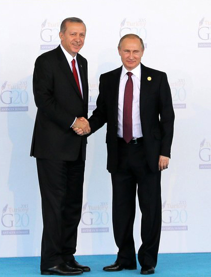 Recep Tayyip Erdogan greets Vladimir Putin
