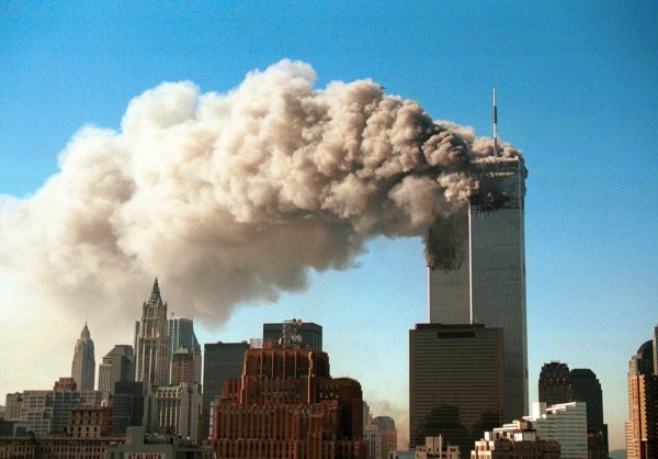 The World Trade Center on fire after being hit by an airplane on September 11, 2001