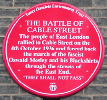 Plaque on Cable Street recalls a momentous event